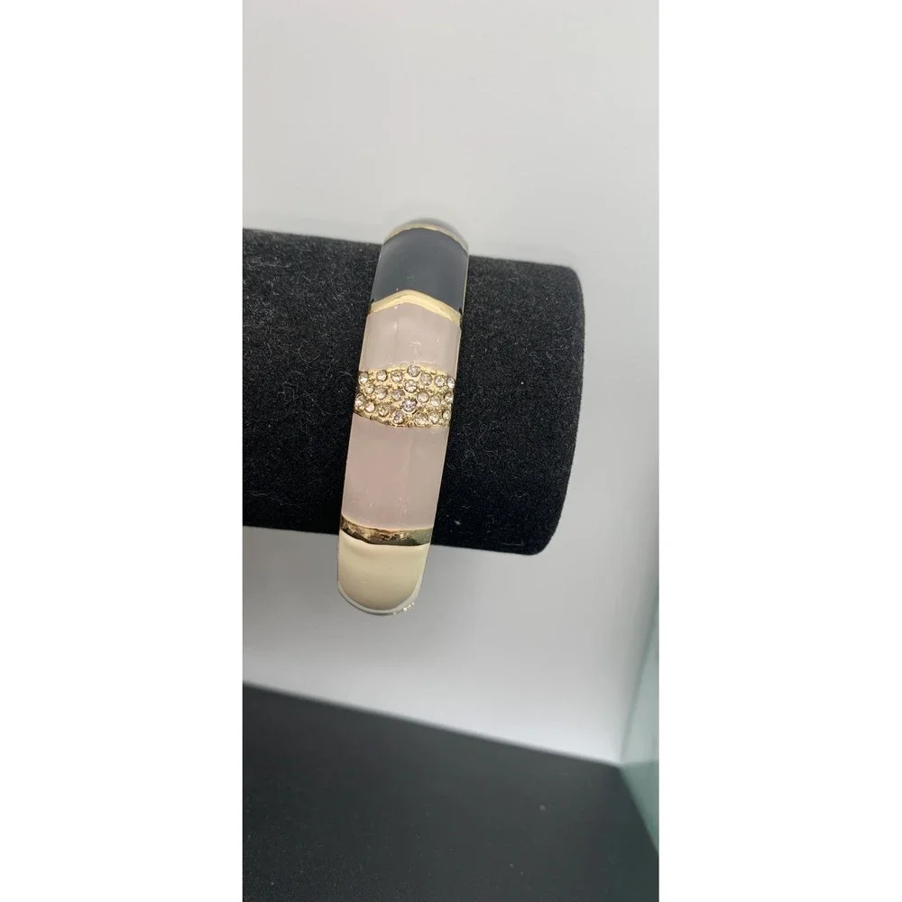 Gold Tone & black, cream & gray Enamel Rhinestone Bangle Hinged Clamper Bracelet